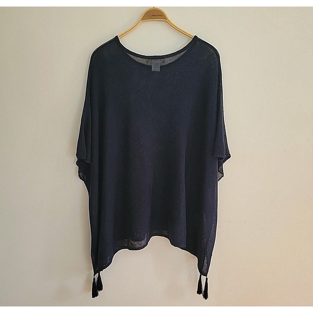 Johnny Was Navy Lightweight Poncho with Tassels - Picture 2 of 9